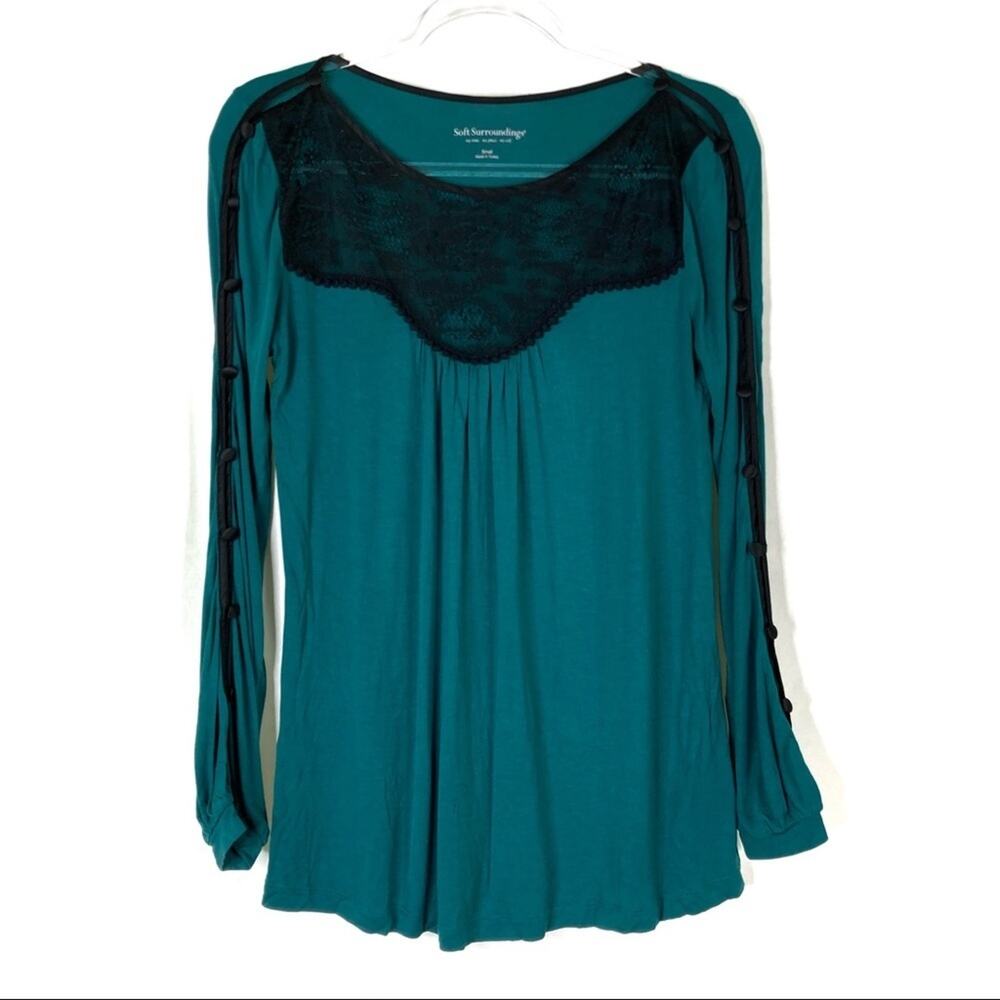 Soft Surroundings Teal Black Lace Long Button Sleeve Top Stretchy Womens Small